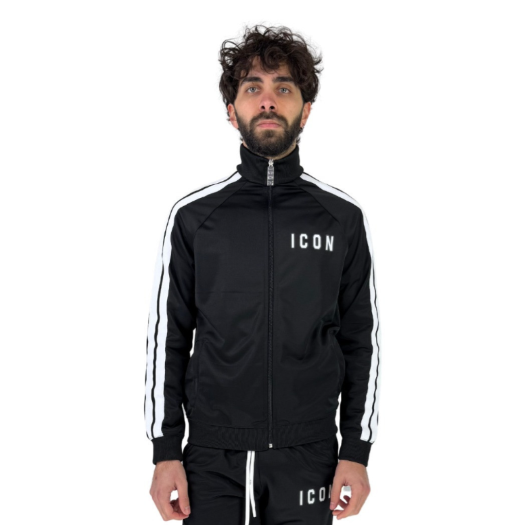 Felpa Icon Full Zip con Bande e Collo a Lupetto in Triacetato