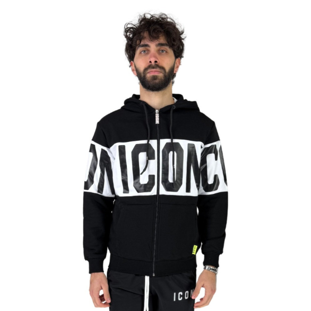 Felpa Icon Full Zip in Cotone con Cappuccio e Stampa Logo