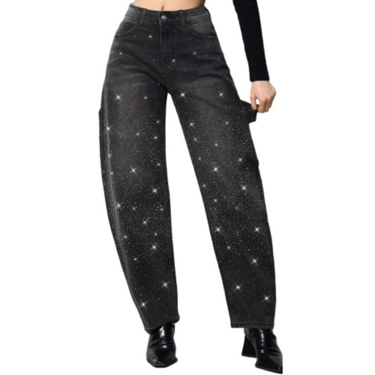 Jeans Larghi Donna Quattro Stagioni Standard Brillantinato